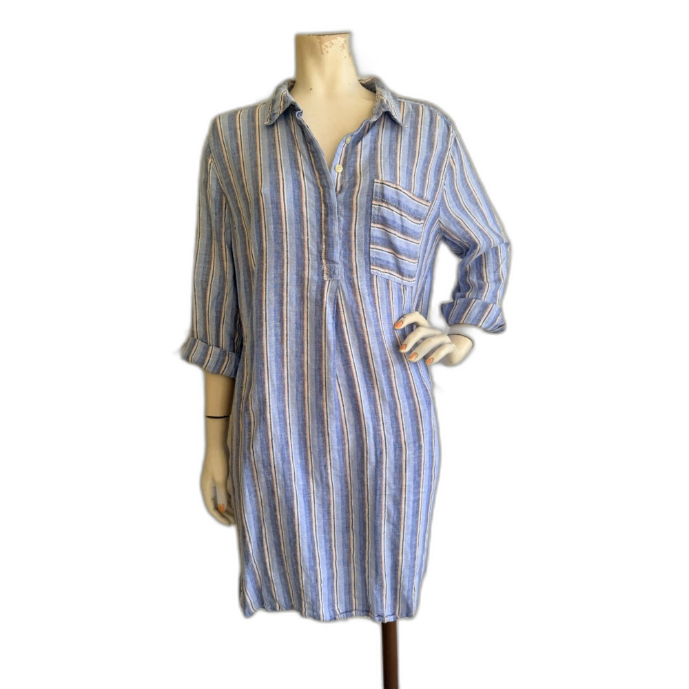 CASLON 100% Linen Dress Blue Striped 3/4 Sleeve Knee Length Size M